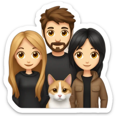 A girl with long brown hair, a guy with black hair and a beard, a small Belgian shepherd and a cat of golden color with cinnamon sticker