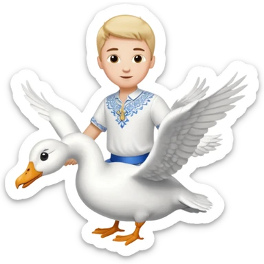 A boy in a Ukrainian white embroidered shirt flies on a white goose sticker