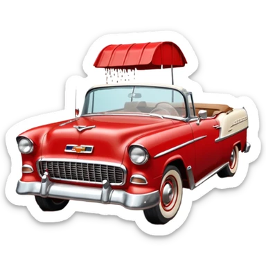 1955 Chevrolet Bel Air Convertible, Red-White color, with a bucket of brown mud pouring down on it, and the car itself is covered in brown mud on the sides that has stuck.32x32 pixels, aspect ratio: 1:1 sticker