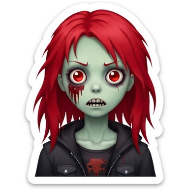 spooky zombie girl, red medium-long hair, emo and shaggy, creepy face sticker