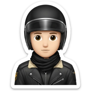 un homme avec un casque de moto totalement noir avec une écharpe en fourrure noir une chemise blanche et une jacket noir sticker