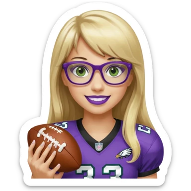 long blonde hair with bangs black rectangle glasses female green eyes football player wearing eagles uniform jersey number 33 holding football smiling purple lipstick sticker