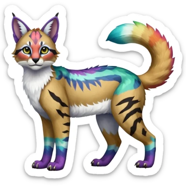 Colorful tropical tribal pale light fruity pastel white glorious iridescent divine exotic cute albino neon vibrant zigzagged cool beautiful fantasy-caracal-civet-genet-sergal-vernid-Gryphon-Cacomistle-Trico-oncilla-animal-Fakémon-hybrid-fursona (full body), facial markings,  sticker