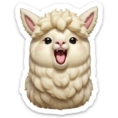 Cinematic Cute Yawning Cream Alpaca Portrait Emoji, Head tilted slightly with a dramatic, wide-open yawn, showcasing a soft, fluffy cream fleece with subtly drooping ears, round gentle eyes barely open in drowsy contentment, Simplified yet irresistibly adorable features, highly detailed, glowing with a soft, cozy glow, high shine, relaxed yet expressive, stylized with a touch of whimsy, bright and endearing, soft glowing outline, capturing the essence of a sleepy yet affectionate alpaca, so drowsy it feels like it could stretch out of the screen and curl up for a nap! sticker