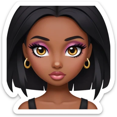pretty bratz baddie, black eyeliner, dark skin, black hair, black  eyes sticker