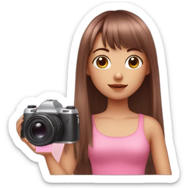 cute girl with dark brown eyes and long, straight rose hair with fringe and holding camera and wearing pink tank top sticker