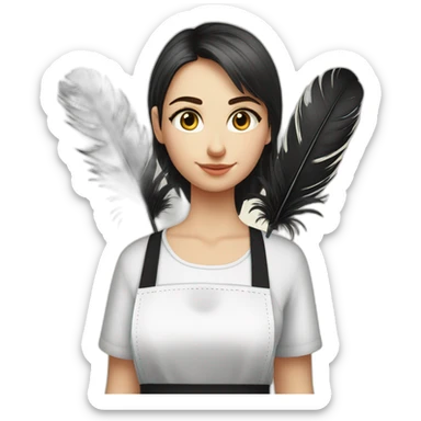 Slavic girl in a white T-shirt and a black apron holds ostrich feathers for dusting sticker
