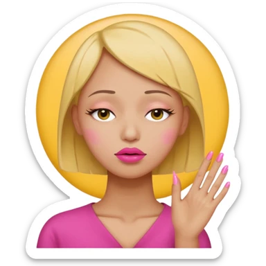 Yellow circle emoji exasperated and drumming fingers up the side of their head the eye is closed it is a side profile pink lipstick and pink nails ot is a side profile no hair sticker