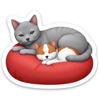 gray British Shorthair cat curled up and sleeping next to a red Basenji dog sticker