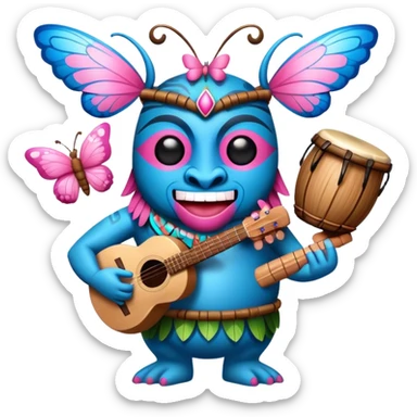 Cartoon Blue and pink tiki singing with butterfly and bongos sticker
