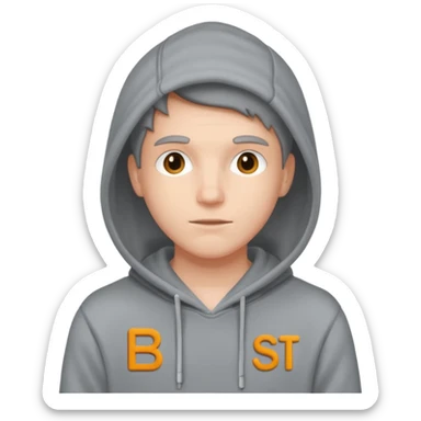 make an image of white person wearing hoodie with "BST" letters on it sticker