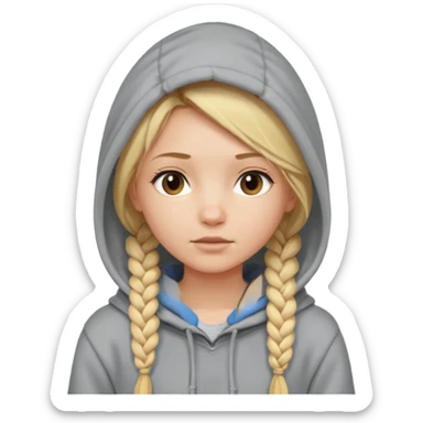 blonde braided girl with her head covered in a sweatshirt and hood sticker