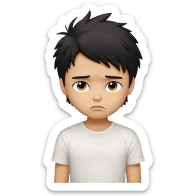 generate a pretty tan bratz boy with black messy hair looking sad. Wearing a white tshirt sticker