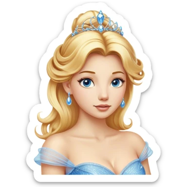 Cinematic Realistic Cinderella Portrait, depicted with lifelike skin texture, subtle rosy undertones, and soft natural lighting that enhances the gentle contours of her face. Her intricately detailed golden blonde hair is elegantly styled in an updo, with delicate wisps framing her face for added realism. Her deep, expressive blue eyes radiate warmth and sincerity, reflecting a quiet resilience and grace. She is dressed in her iconic ball gown, the fabric shimmering with intricate embroidery and fine translucent layers that catch the light beautifully. The soft sheen of satin gloves and the delicate sparkle of a glass-like slipper peeking from beneath her dress add a touch of magical realism. The portrait features an enchanting glow with a natural, luminous finish, seamlessly blending realism and fairytale charm to evoke a sense of depth, elegance, and timeless beauty. sticker
