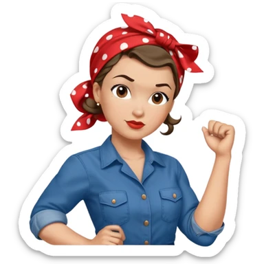 Rosie the Riveter, iconic pose, blue work shirt, red polka dot bandana, confident expression sticker