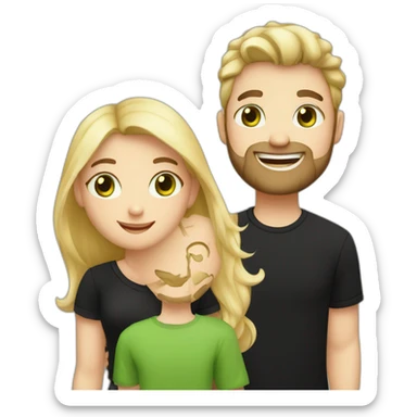 A happy couple, blond chubby girl with blue eyes and black haired and bearded man with green eyes. The man wears a black t-shirt sticker