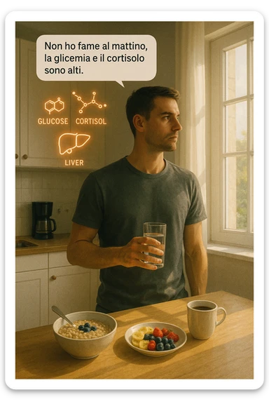 A realistic, cinematic illustration of a man in his early 30s with a lean, healthy build, standing calmly in a bright, minimal kitchen in the early morning. On the kitchen table, there is a prepared but untouched healthy breakfast (oatmeal, fruit, coffee). The man, with a neutral and focused expression, holds a glass of water while looking out of the window where morning sunlight enters. Above him, subtle glowing medical icons display: a glucose molecule, a cortisol hormone symbol, and a liver icon, indicating high morning blood sugar and cortisol levels. A small speech bubble or text overlay says: ‘Non ho fame al mattino, la glicemia e il cortisolo sono alti.’ The scene conveys a sense of calm, clarity, and body awareness, showing that the man consciously avoids breakfast due to physiological signals rather than restrizione. The style is realistic, warm, with a slight film grain, emphasizing health and conscious self-regulation. sticker