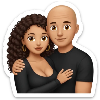 A picture of an embracing tanned couple. the man is a Mexican man with tanned skin, with a bald hair cut, and wearing a black shirt. the woman is mixed, with glasses,  with long curly dark brown hair and with big boobs. Remove the glasses from the guy sticker