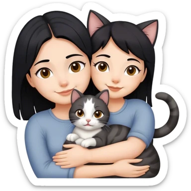 happy girl with black hair hugging three cats  (carey cat, gray cat, brown calico cat) sticker
