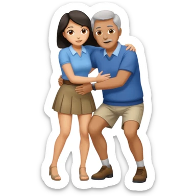 older man with dark hair on knees, facing dark haired, middle aged woman in a micro mini skirt, hugging her waist sticker