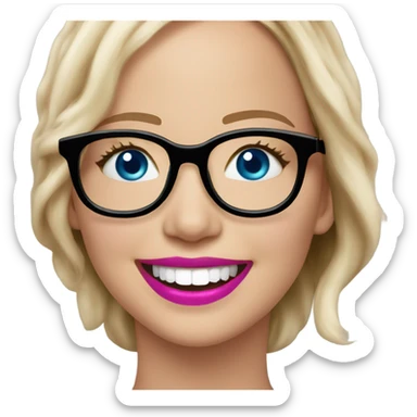 Happy laughing Jennifer Lawrence,  blue eyes wearing glasses and pink lipstick  sticker