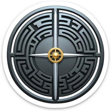 A vertical sword in the center of a circular maze, inside of which is embedded a thin astrolabe. The lines are strict, geometric, and symmetrical. The material is a dark metal (antimonium). The style is a minimalistic alchemical sign. sticker