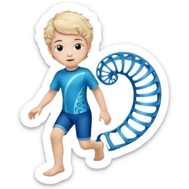 A little male child with a nice outfit and short curled hair and orthopedic ankle-foot orthosises (AFO) for a small child. The brace goes just below the knee and its with a bright blue water-like pattern with a spiral side design. sticker