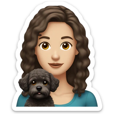 Caucasian woman, medium straight brown hair and brown eyes. Holding black maltipoo sticker