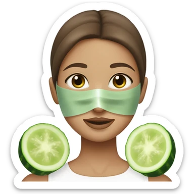 Girl with freackles Brown hair white skin Tone and blue eyes wears Green skin care mask while She relaxes and cucumber on her closed eyes sticker