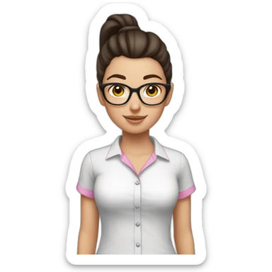 white girl with dark brown hair with ponytails in a white shirt with pink on her face and wearing glasses sticker