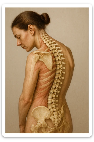 CORPO UMANO ANATOMICO di una donna di profilo con spalle chiuse e postura incurvata, spina dorsale in evidenza, IPERREALISTICO 4K sticker
