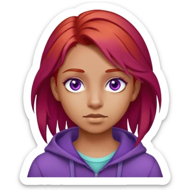 A girl with red hair, purple eyes, and a wheatish complexion looks like a teenager. sticker
