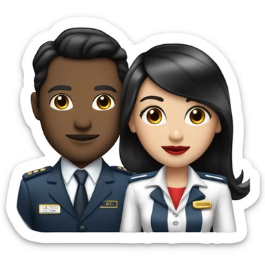 Flight attendant with long black hair, red lips and white skin with a pilot man with black hair sticker