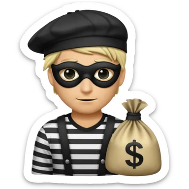 a short ios emoji-style portrait of a classic burglar, a black eye mask and a black-and-white striped shirt. emoji-like hair, black hat, a bag of money 💰 with a dollar sign in a right corner, evil expression  sticker