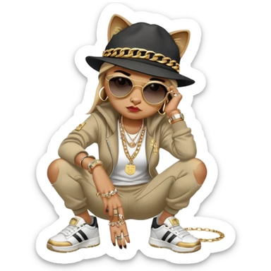 female cat wearing Run DMC hip-hop outfit with tracksuit, fedora, Adidas sneakers, dark sunglasses, many gold chains, rings, bracelets, flashy earrings, fallen down with distressed expression sticker