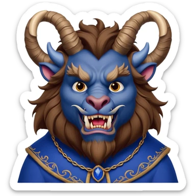 Beast from Beauty and the Beast with a human-like mouth and lips, but still with horns, fur, and beastly features wearing royal blue clothes sticker