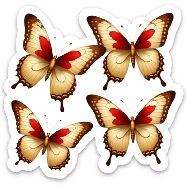 Elegant vintage golden butterflies with red and brown hues on their wings, delicate textures, antique aesthetic, softly faded colors, classic illustration style sticker