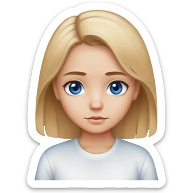A girl with a dirty blonde hair whit a dark blue eyes and white shit with a text I love me sticker
