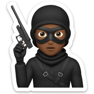 A young African male wearing a ski mask in full black clothing, holding a micro Draco gun in the air carelessly sticker