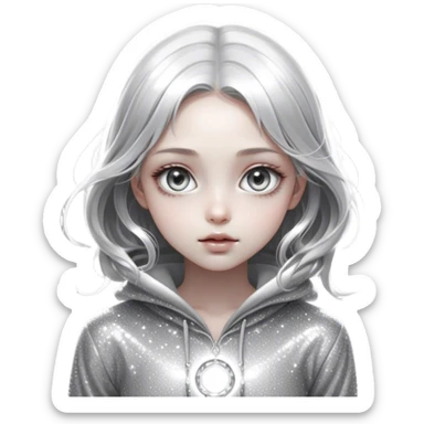 Cinematic girl with large sparkling eyes, Ultra realistic 32k HD, Breathtaking piece of art, rim lighting, hauntingly beautiful art, mostly greyscale, Balanced features, highly detailed digital artwork, glowing with silver light, glowing, high shine, deviant adoptable, highly detailed clothing, remembrance, a painting of white silver, fanciful, enchanting, ghostly, embodying the essence of both reality and fantasy, dreamy, dreamy glow, optical illusion, immaculate composition, complex pose, air composition. The image is so lifelike that it feels as though it could leap off the canvas at any moment sticker