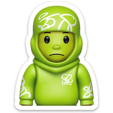 bearbrick toy wearing a lime green balaclava with graffiti design and chill relaxed thick eyebrows showing above sticker