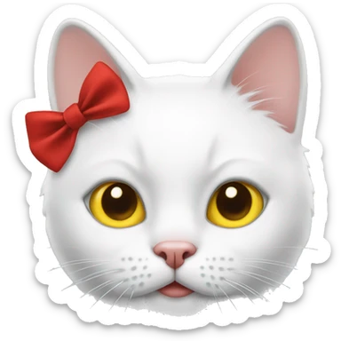 white cat with yellow button nose and red bow sticker
