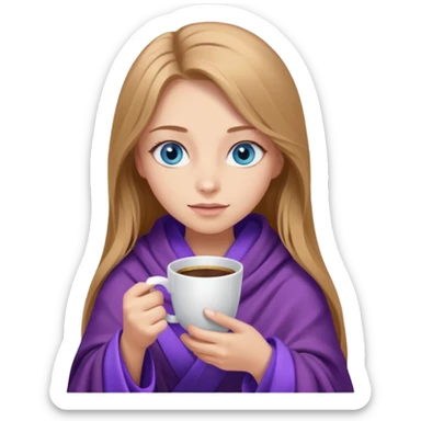 A girl with blue eyes, long eyelashes, very long light brown hair, inside a purple blanket with coffee sticker
