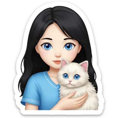 Asian girl with black hair holding a fluffy ragdoll cat with blue eyes and colorpoint fur sticker