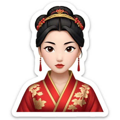 Cinematic Realistic Majestic Mulan Portrait, featuring finely rendered light skin with natural luminescence and expressive, determined eyes. Her black hair is styled with care into an elegant bun, and every fold of her traditional robe—adorned with subtle red motifs and refined gold trim—is depicted with intricate fabric detail. The scene is bathed in soft, natural light that enhances the depth and authenticity of the image, conveying a noble and serene aura that embodies timeless elegance and inner fortitude. sticker