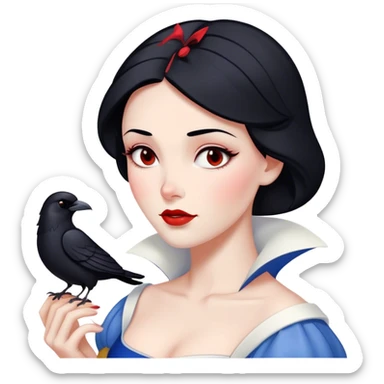 Cinematic Majestic Snow White Portrait Emoji, rendered in a clean, vector-style with bold, simplified shapes. Show Snow White with a serene, noble expression, radiant porcelain skin, and elegantly styled raven hair accented with subtle red highlights, her attire simple yet refined. The design radiates a majestic, pure glow with high shine and a soft glowing outline, embodying classic royal beauty. sticker