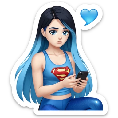 Shameful disappointed crying-very very very very big chest-texting on a samsung cell phone-very long straight flowing black to sky blue hair ombre-blue eyes-black eyeliner-long eyelashes-plastic sparkling sky blue very low cut tank top with sparkling superman logo-black leggings-nike sneakers sticker