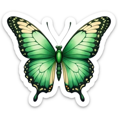 A majestic emerald-green butterfly with wide, intricately detailed wings, painted in a soft watercolor style. The edges of the wings fade into deep black, creating a striking contrast against a warm beige background.
 sticker