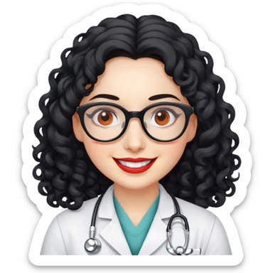 smiling doctor woman, brown eyes, white skin,  long black curly hair with glasses with red chicks sticker