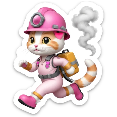 A cute white and pink cat dressed as engineer with a helmet running fast with smoke under her feets sticker